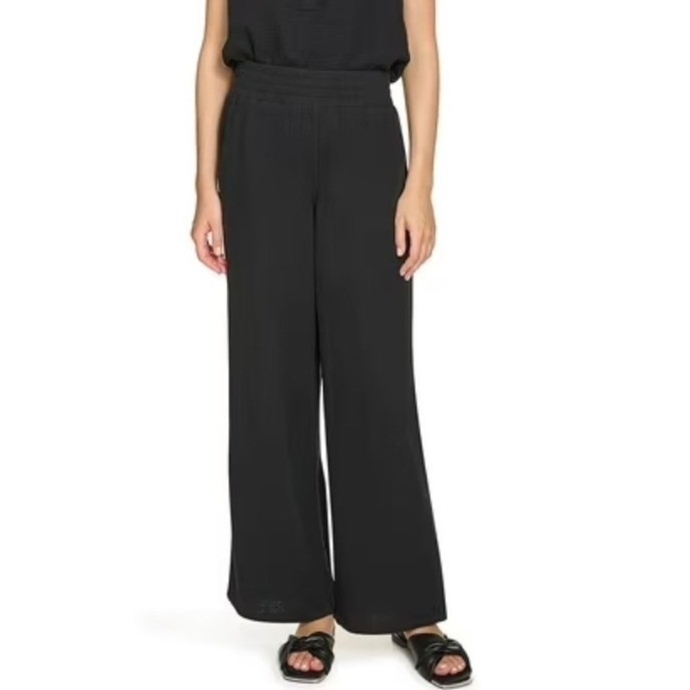 DKNY Wide Leg Gauze Pants Womens XXL Black NWT Cotton Smocked Waist Pocket